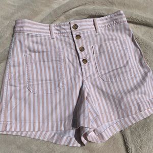 Pink/white striped high waisted button up shorts